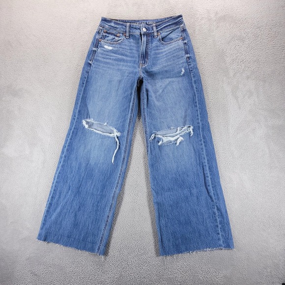 American Eagle Outfitters Denim - American Eagle Jeans 2 X Short Blue Super High Rise Baggy Wide Leg Distressed